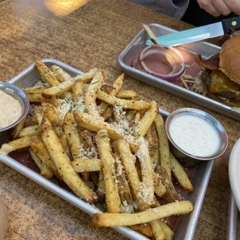 LSA Burger - Parm fries!! - Cocktail Bars Near Me - Denton, Texas LSA Burger - Parm fries!! - Cocktail Bars Near Me - Denton, Texas