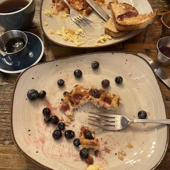 Layered - What is left over....waffles and the layered breakfast, so yummy! - Coffee & Tea Near Me - McKinney, Texas