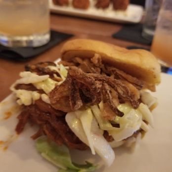 WhiskeyNeat - Pulled pork sliders.  There's 3.  Very good. - Whiskey Bars Near Me - Patchogue, New York
