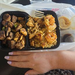 Steak chicken shrimp lunch plate vs the size of my hand Steak chicken shrimp lunch plate vs the size of my hand