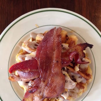 Milktooth - Waffle with cocoa nibs and topped with apples, bacon and banana cream... Devine! - Breakfast & Brunch Near Me - Indianapolis, Indiana