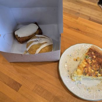 Cherbourg Cyprus - Left to right: cinnamon Rollup (soft and lots of cream cheese), lavender citrus muffin (moist and subtle), Rosemary Feta Quiche(like a ) - Bakeries Near Me - Cincinnati, Ohio