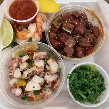 Big Water Fish Market - Our sampling: shrimp cocktail, tuna poke, ceviche, seaweed salad - IG: @thegreenberggang - Seafood Markets Near Me - Siesta Key, Florida Big Water Fish Market - Our sampling: shrimp cocktail, tuna poke, ceviche, seaweed salad - IG: @thegreenberggang - Seafood Markets Near Me - Siesta Key, Florida