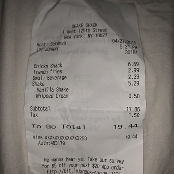 Shake Shack Harlem - My receipt. Well worth it! - Fast Food Near Me - New York, New York Shake Shack Harlem - My receipt. Well worth it! - Fast Food Near Me - New York, New York