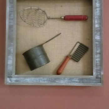 Antiques Marketplace - Antique kitchen utensils bought at the marketplace made into a shadow box. - Antiques Near Me - Putnam, Connecticut