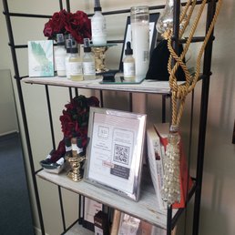 Entry hall setup station with natural oils, lotions, and skin care products