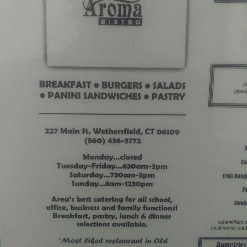Aroma Bistro - Menu 1 of 6 (hours) - Burgers Near Me - Wethersfield, Connecticut