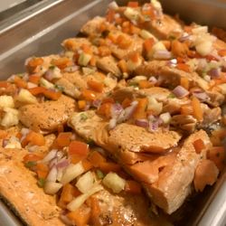 Nicko Kitchen Chef Services - Pink Alaskan Salmon topped with Pineapple Salsa