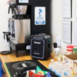 Complimentary snacks, coffee, and water.