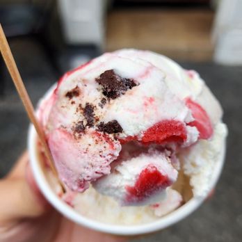 Lappert's Ice Cream - Single scoop of nuku hiva: coconut pineapple ice cream, brownie pieces, and a raspberry sorbet swirl - Ice Cream & Frozen Yogurt Near Me - Sausalito, California Lappert's Ice Cream - Single scoop of nuku hiva: coconut pineapple ice cream, brownie pieces, and a raspberry sorbet swirl - Ice Cream & Frozen Yogurt Near Me - Sausalito, California