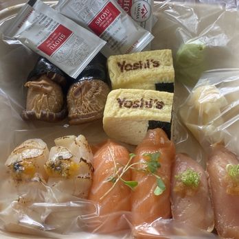 Yoshi’s Sushi - Assorted Nigiri Mushroom; Tamago; Albacore; Salmon; Hotate - Sushi Bars Near Me - Portland, Oregon Yoshi’s Sushi - Assorted Nigiri Mushroom; Tamago; Albacore; Salmon; Hotate - Sushi Bars Near Me - Portland, Oregon