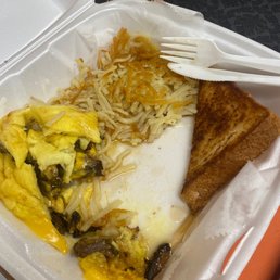 Omelet-Philly Cheesesteak, Hashbrowns and Texas toast.