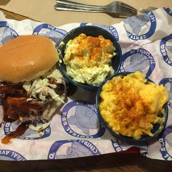 Central BBQ - Central BBQ pulled pork sandwich, potato salad, and mac & cheese. These portions are huge! - Barbeque Near Me - Memphis, Tennessee Central BBQ - Central BBQ pulled pork sandwich, potato salad, and mac & cheese. These portions are huge! - Barbeque Near Me - Memphis, Tennessee