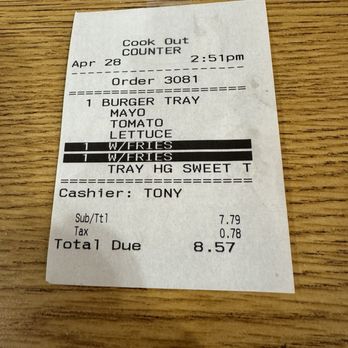 Cook Out - Receipt! - Burgers Near Me - Gaffney, South Carolina Cook Out - Receipt! - Burgers Near Me - Gaffney, South Carolina