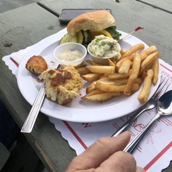 The Crab Claw - Half eaten crab cake sandwich platter - Seafood Near Me - St. Michaels, Maryland