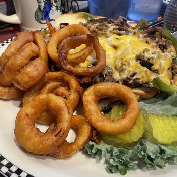 Westside Lilo's Cafe - Philly Cheesesteak with onion rings - order this!!! - Breakfast & Brunch Near Me - Seligman, Arizona Westside Lilo's Cafe - Philly Cheesesteak with onion rings - order this!!! - Breakfast & Brunch Near Me - Seligman, Arizona
