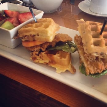 Eggsclusive Cafe - Chicken & Waffles Sandwich.  Amazing - Breakfast & Brunch Near Me - Rockford, Illinois