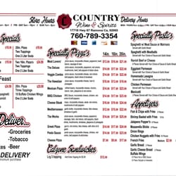 Country Wine & Spirits - Current delivery menu (picked up this morning). Side 1 of 2.