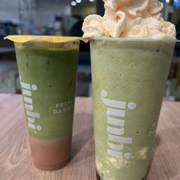 Cold Taro Vanilla Matcha Latte & blended matcha with peach cream Cold Taro Vanilla Matcha Latte & blended matcha with peach cream