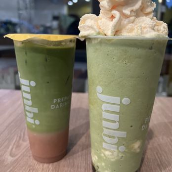 Junbi - Cold Taro Vanilla Matcha Latte & blended matcha with peach cream - Coffee & Tea Near Me - Portland, Oregon Junbi - Cold Taro Vanilla Matcha Latte & blended matcha with peach cream - Coffee & Tea Near Me - Portland, Oregon