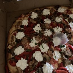 Med Pizza with sausage, red pepper, mushrooms, and ricotta. Med Pizza with sausage, red pepper, mushrooms, and ricotta.