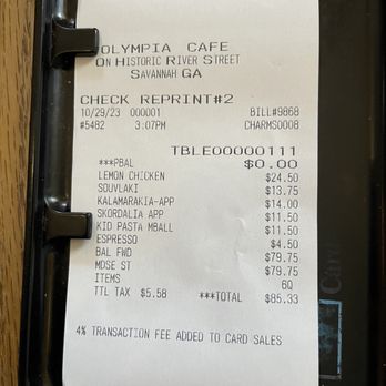Olympia Cafe - Copy of our receipt showing charges - Greek Near Me - Savannah, Georgia