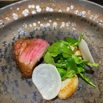 n/naka - A5 Miyazaki Wagyu Beef, Rosted Tokyo Turnip, Arugula, Spinach Puree - Japanese Near Me - Los Angeles, California n/naka - A5 Miyazaki Wagyu Beef, Rosted Tokyo Turnip, Arugula, Spinach Puree - Japanese Near Me - Los Angeles, California