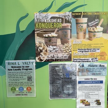 Lanikai Juice - Wall of specials + loyalty program info - Acai Bowls Near Me - Honolulu, Hawaii Lanikai Juice - Wall of specials + loyalty program info - Acai Bowls Near Me - Honolulu, Hawaii