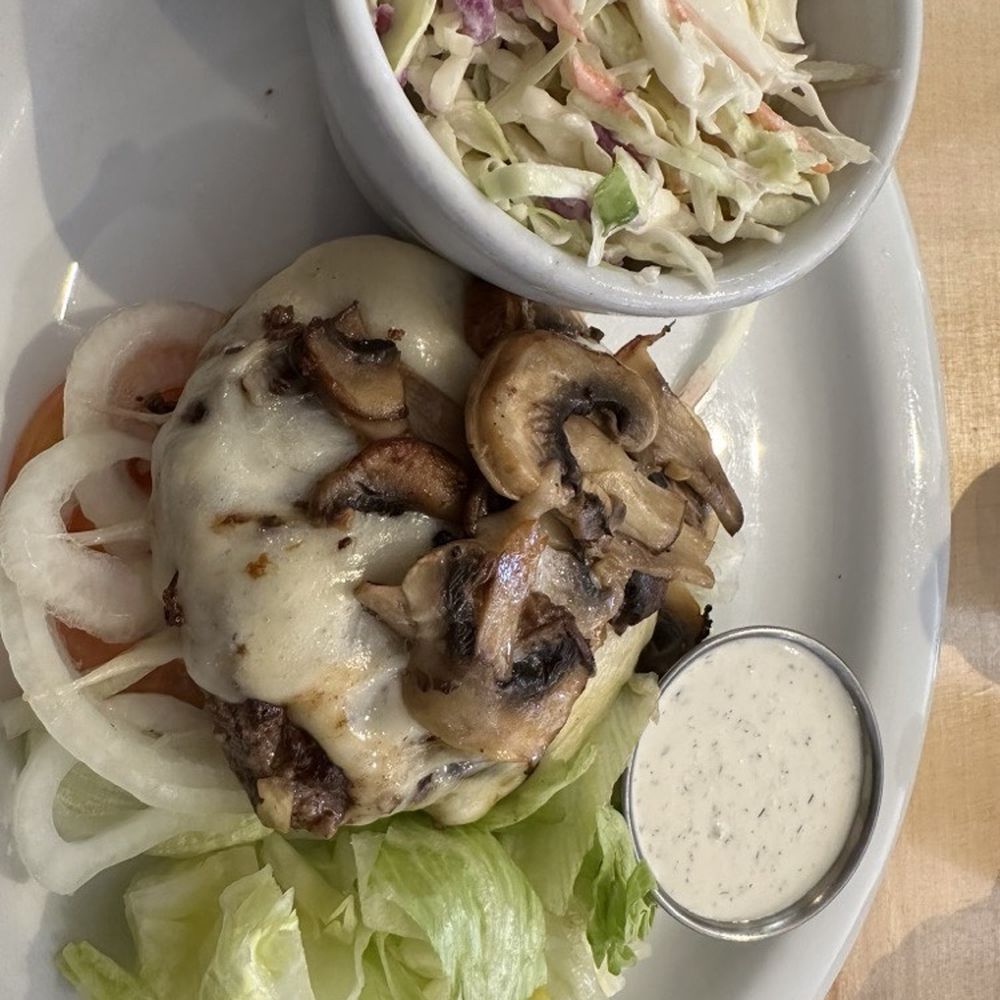 The Highliner Restaurant - Mushroom Swiss Burger with cole slaw. - Seafood Near Me - Seward, Alaska The Highliner Restaurant - Mushroom Swiss Burger with cole slaw. - Seafood Near Me - Seward, Alaska