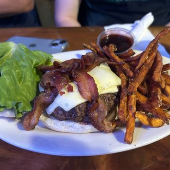 Full Moon Bar & Grill - Bacon cheeseburger with sweet potato fries - American Near Me - Queensbury, New York Full Moon Bar & Grill - Bacon cheeseburger with sweet potato fries - American Near Me - Queensbury, New York