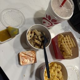 Grilled Nuggets, Mac & Cheese, Chick-fil-A Waffle Potato Fries, Strawberry Milkshake with cookie crumbles