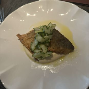 Navy Blue - Branzino with cucumber and skordalia - Seafood Near Me - Houston, Texas Navy Blue - Branzino with cucumber and skordalia - Seafood Near Me - Houston, Texas