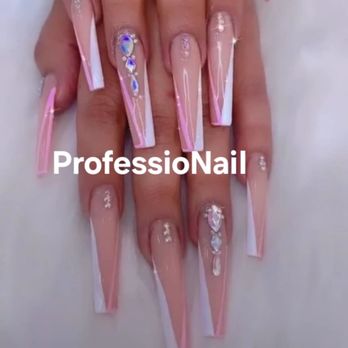 ProfessioNail - Coffin shaped acrylic nails with 2 tone French design and swarovski crystal embellishments - Nail Salons Near Me - Stanton, California ProfessioNail - Coffin shaped acrylic nails with 2 tone French design and swarovski crystal embellishments - Nail Salons Near Me - Stanton, California