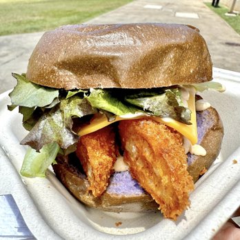 Happy Belly Eatery - Shrimp Katsu Burger.  Super enjoyed, would order again (with no cheese) - Food Trucks Near Me