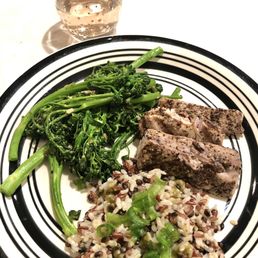 Locally grown broccolini and seared yellowtail Locally grown broccolini and seared yellowtail