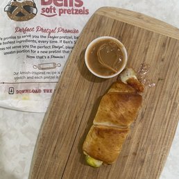 Pickle and cheese stuffed pretzel...with peanut butter dip. Pickle and cheese stuffed pretzel...with peanut butter dip.