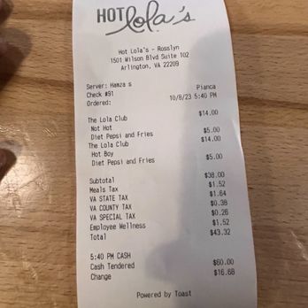 Hot Lola’s - Receipt for poor sanitization review - Chicken Shop Near Me - Arlington, Virginia Hot Lola’s - Receipt for poor sanitization review - Chicken Shop Near Me - Arlington, Virginia