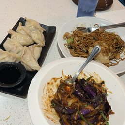 Pork dumplings, eggplant and pork, seafood lo mein