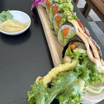 Vegan Castle - The one I can't remember it's name. Spicy edamame, spicy tuna and rainbow roll. - Vegan Near Me - Long Beach, California Vegan Castle - The one I can't remember it's name. Spicy edamame, spicy tuna and rainbow roll. - Vegan Near Me - Long Beach, California