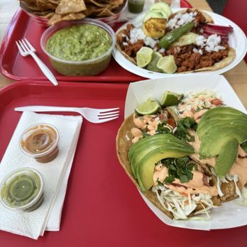 El Veganito - Phish Tacos (2), guacamole, and Adobada tacos (3) - Vegan Near Me - La Mesa, California