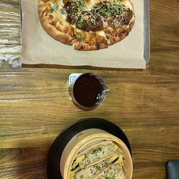 KOW Restaurant - Gyoza and Brie Cheese and Caramelized Onions Flatbread - Comfort Food Near Me - Miami, Florida