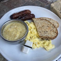 The traditional with grits and blueberry sausage