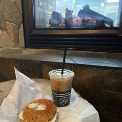 Anthem Coffee & Tea - Sunrise Village - Asiago bagel with scallion and garlic cream cheese as well as an iced caramel americano with a drop of cream. So delicious!