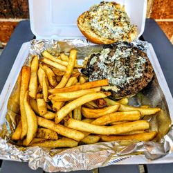 McCloskey's Tavern - Black and Bleu Burger with Fries.