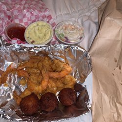 Blythewood Seafood Emporium & BBQ Haven - Fried shrimp hush puppies coleslaw and potato salad