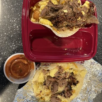 Velvet Taco - Velvet taco hangover taco (top) and Killen's brisket breakfast taco (bottom) - Tacos Near Me - Houston, Texas Velvet Taco - Velvet taco hangover taco (top) and Killen's brisket breakfast taco (bottom) - Tacos Near Me - Houston, Texas