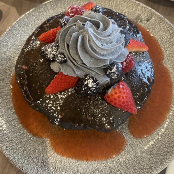 Basalt - Charcoal pancakes w strawberry guava sauce - New American Near Me - Honolulu, Hawaii Basalt - Charcoal pancakes w strawberry guava sauce - New American Near Me - Honolulu, Hawaii