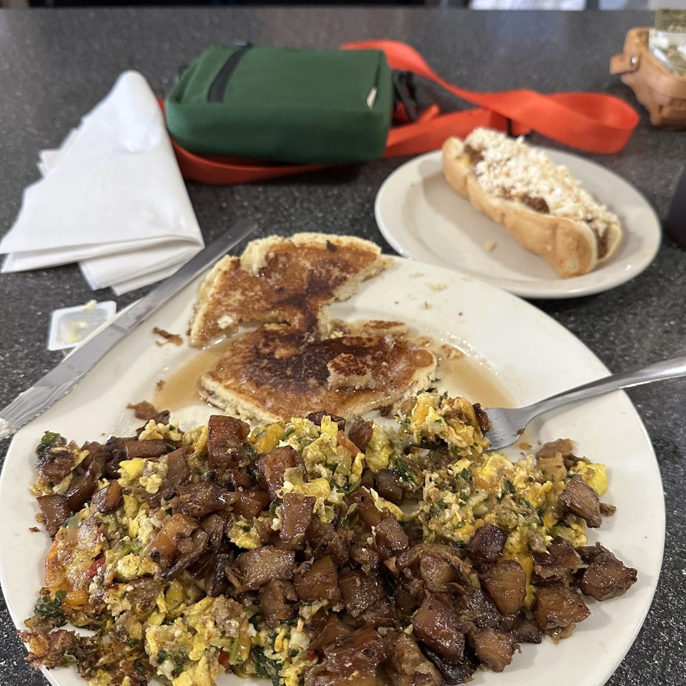 Dixie Restaurant - Dixie scramble, corn cake and dog - Southern Near Me - Petersburg, Virginia Dixie Restaurant - Dixie scramble, corn cake and dog - Southern Near Me - Petersburg, Virginia