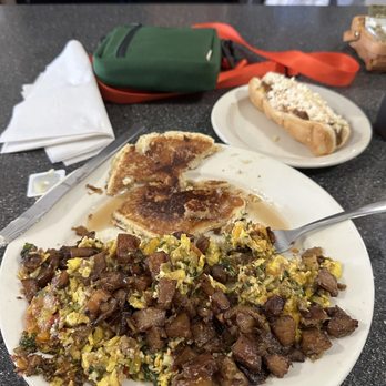 Dixie Restaurant - Dixie scramble, corn cake and dog - Southern Near Me - Petersburg, Virginia