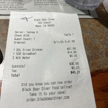 Black Bear Diner Napa - Bill for 2 - Diners Near Me - Napa, California